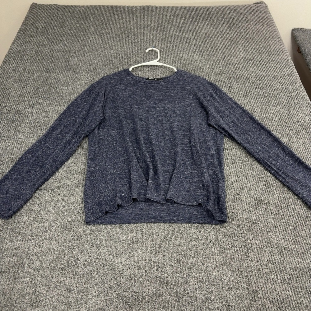 T by Alexander Wang Long Sleeve Shirt Women M Blue Linen Slub Crew Neck Designer